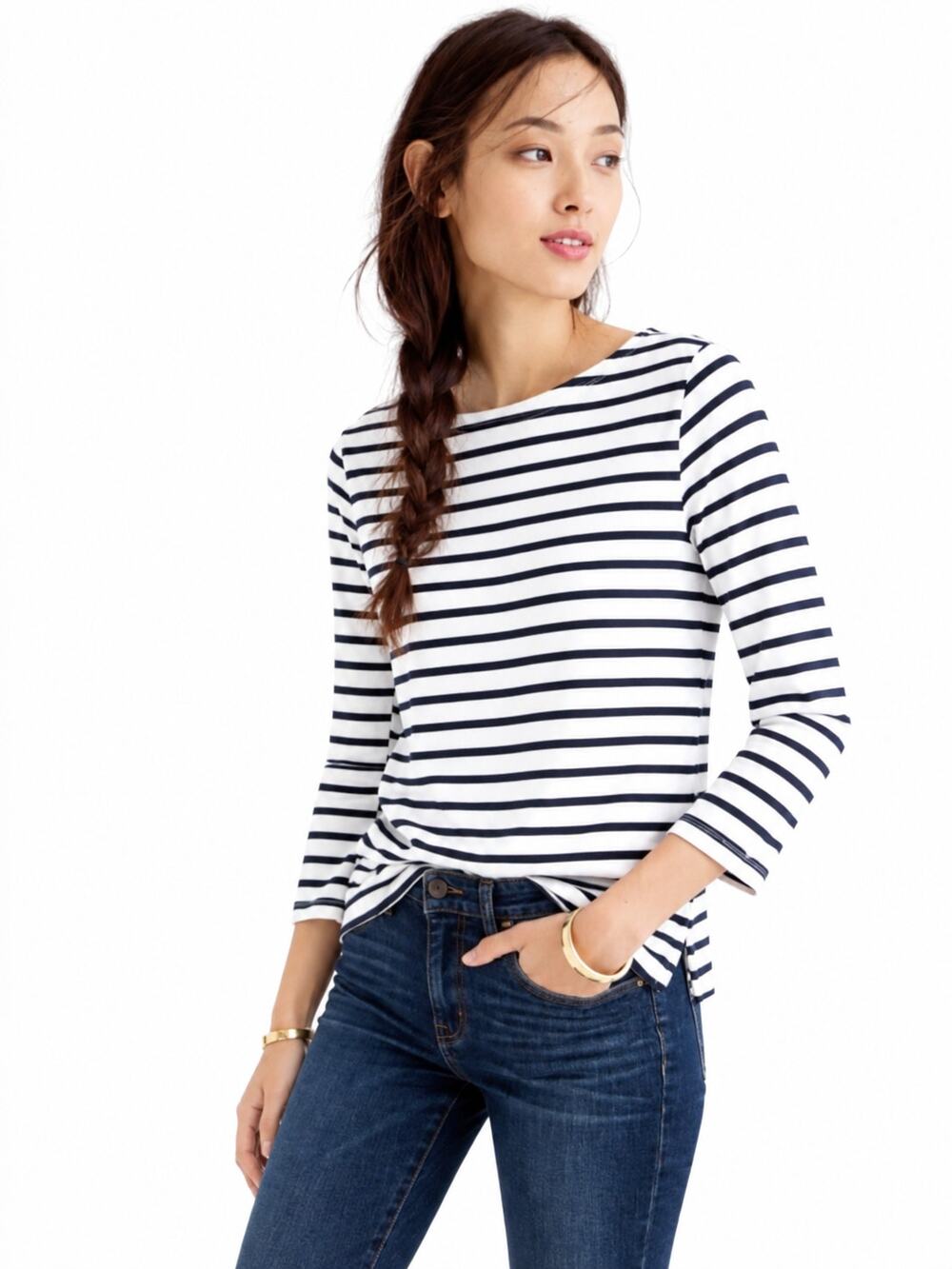 J. Crew Striped Boatneck Tee Antique Navy White BQ132 Size S